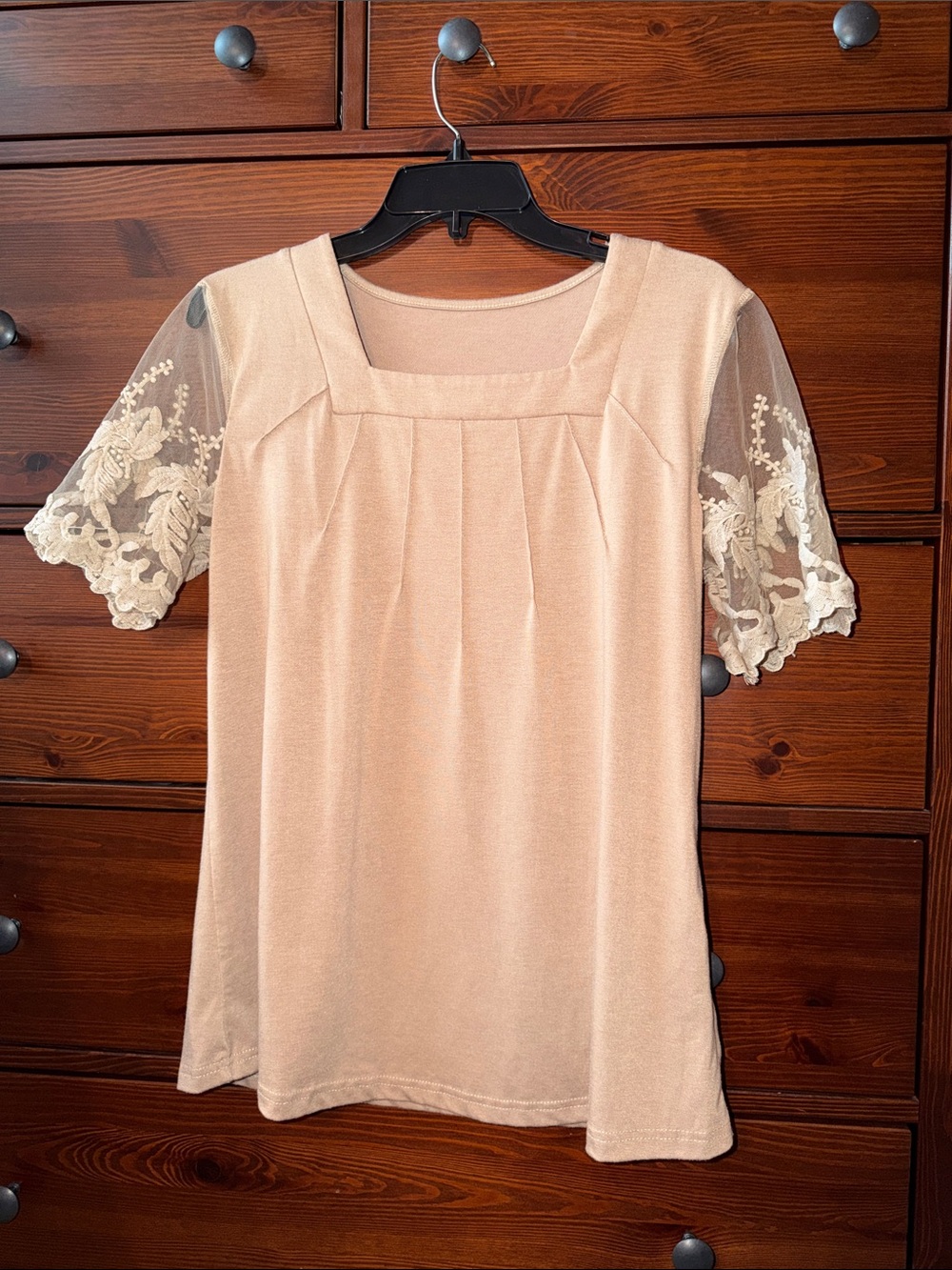 Warm Coffee Brown Lace Sleeve Top | Medium | Boho Neutral Minimalist